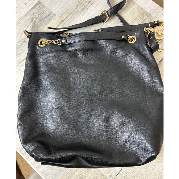 Michael Kors Black Leather Gold Chain Shoulder Hobo Bag Designer Logo Handbag - Picture 2 of 6